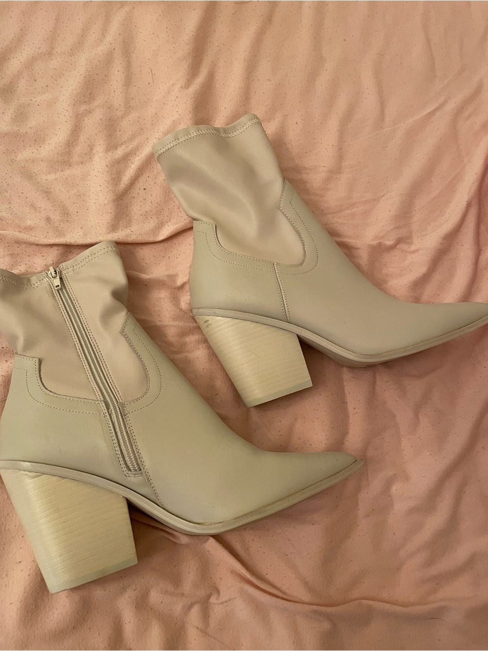 Steve Madden Cream Pointed Toe Ankle Booties with Block Heel